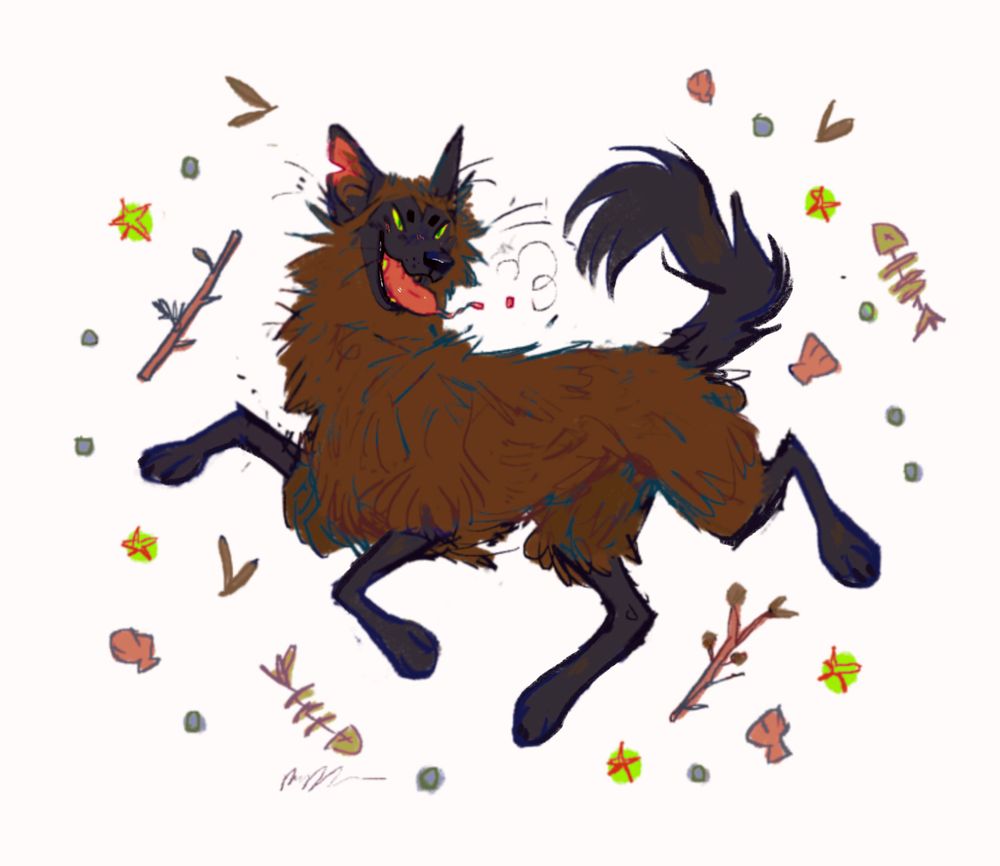 Digital sketchy fullbody of a scruffy looking brown and black costal wolf in a dynamic pose with bright green and yellow eyes, lazily hanging a drooling tongue out of its mouth. Sea shells, fish bones, stars, sticks, and water droplets frame the animal 