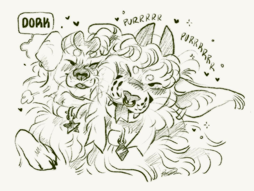 sketch of my tiger dragon sona purring and rubbing their cheek on my partner’s dog sona. Speech bubble reads, “dork.”