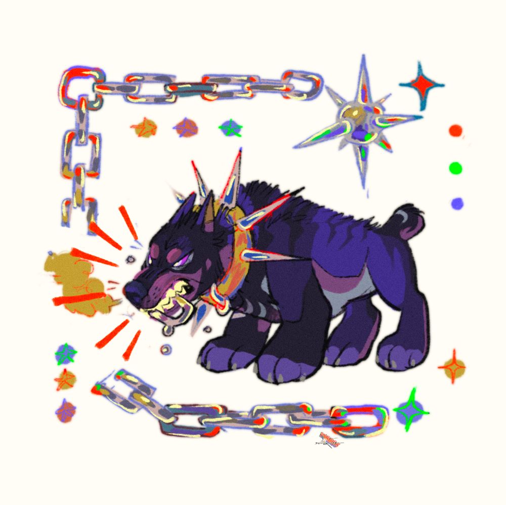 colorful srylized Fullbody of a growling, purple hued Doberman character wearing a yellow spiked collar with a piece of the chain that surrounds them in their mouth that they broke off. stars, circles, and spike surround them!