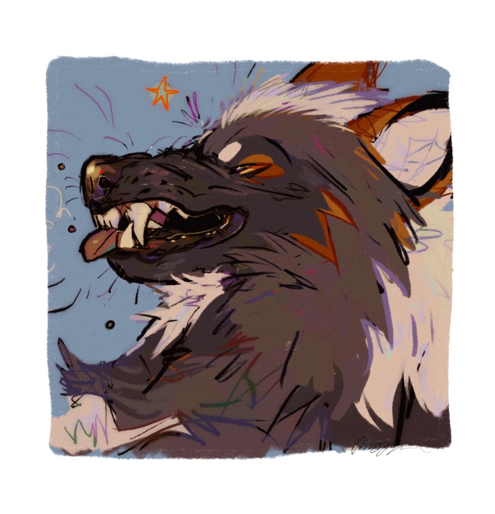 digital colored icon of a snarly wolfdog 