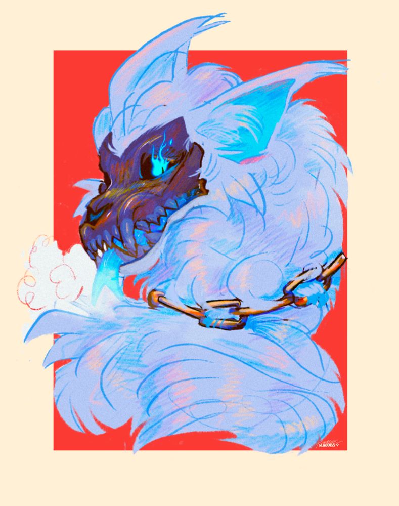 Illustrative portrait of a fire-eyed skull dog (Dante) wearing a chunky chain around the thick fur of his nape. Red background bordered by a cream “frame.” His forked tongue is lazily hanging out his mouth, mist billowing around his mouth due to the cold air inside. Flecks of complimentary colors throughout the piece! My fav thing to do.