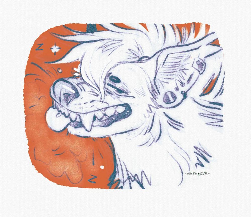 digital sketch illustration (icon) of a pierced, sleepy-eyed, striped hyena character sticking their tongue out and lifting their whiskered lips to reveal thick, hyena teeth! 'Z's, white dots, and breath surround their maw. 