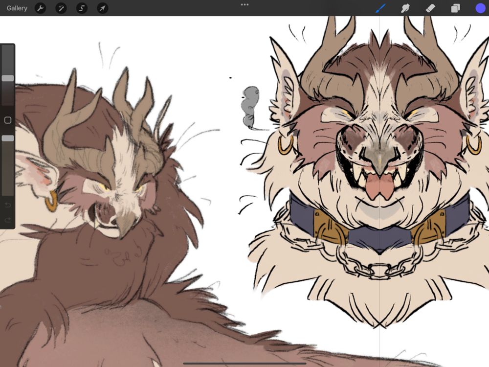 procreate screenshot of an adopt I’m working on! An (for now) antlered, brown toned owl/big cat beast thing. shows a snipped of a fullbody and a symmetrical headshot of it snarling wearing a chain linked collar 