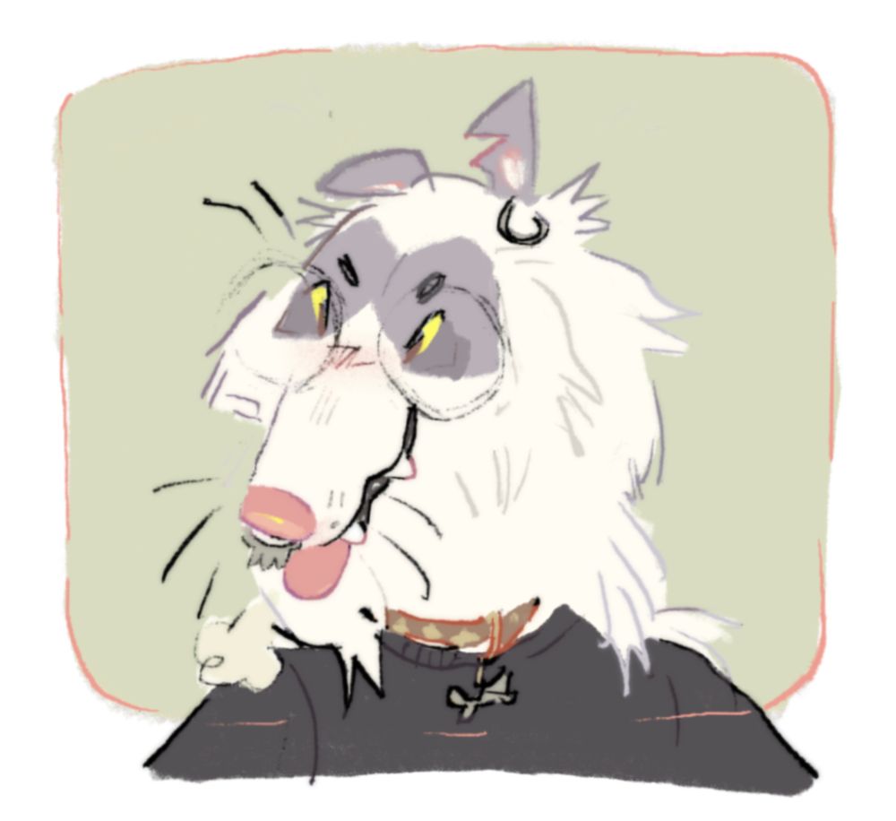 digital sketch icon I did of my wolfdog sona, Wolfe, wearing a black shirt and a starry tan leather collar with a silver bone tag