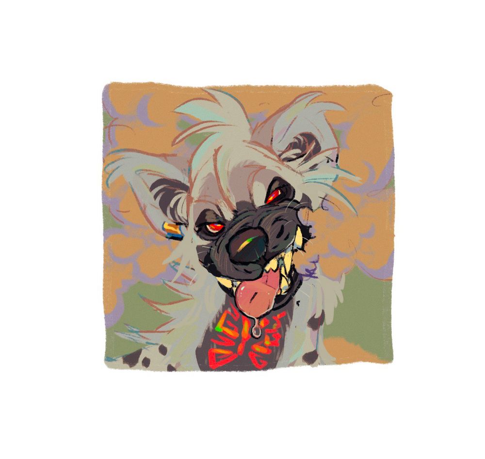 Colorful icon of a Hyena character I designed for the client sticking their tongue out, letting smoke billow from the side of their mouth.