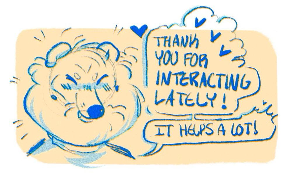 Doodle of my wolfdog sona smiling and saying, “thank you for interacting lately! It helps a lot!”