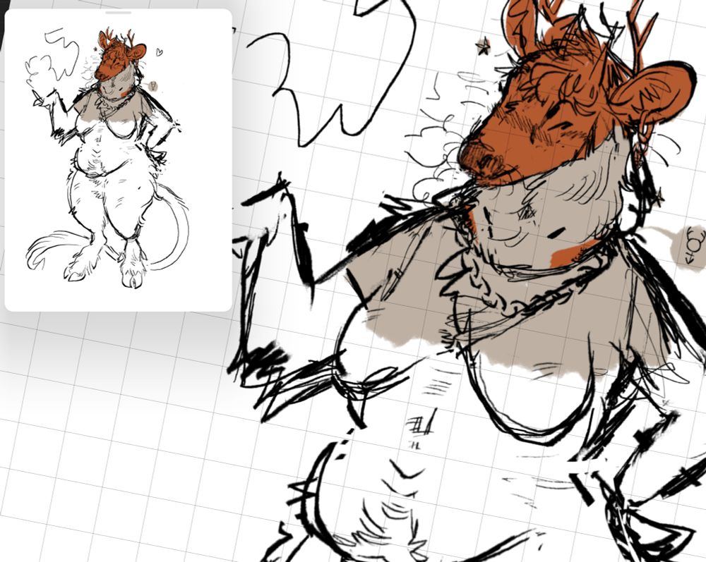 WIP cropped screenshot of a new white-tailed deer (?) sona I’m working on for myself. shows him with a joint between her hooves and a long, unicorn-like tail. 