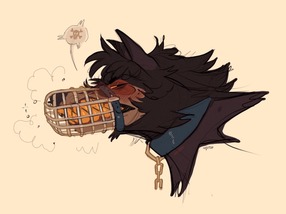illustration of my wolf sona angrily snarling while wearing a muzzle, collar, and chains. puffs of breath and a tiny speech bubble with crossbones rise from their mouth. They are BLUSHING