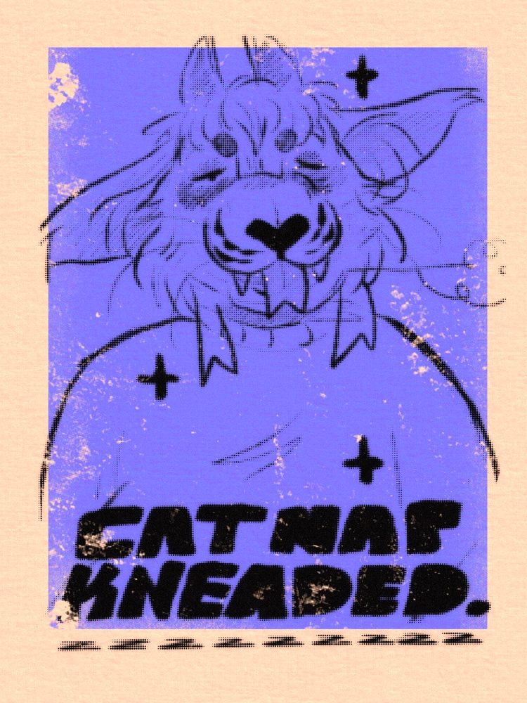 a little doodle of my tiger-dragon (red) looking very baggy eyed and sleepy over a textured block of color with starbursts. Bottom hand lettering reads “CAT NAP KNEADED” with a line of z’s underneath.