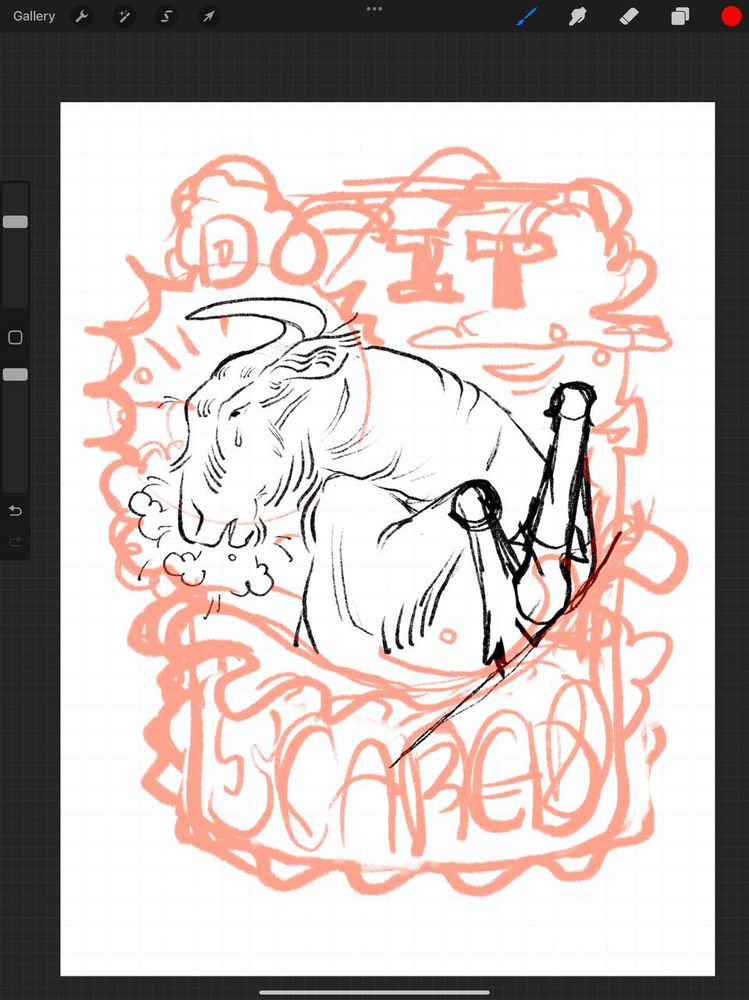 procreate screenshot of a wildebeest making its annual plummet across the river, its head crowned with a spiked halo, text around it reads “Do It Scared”
