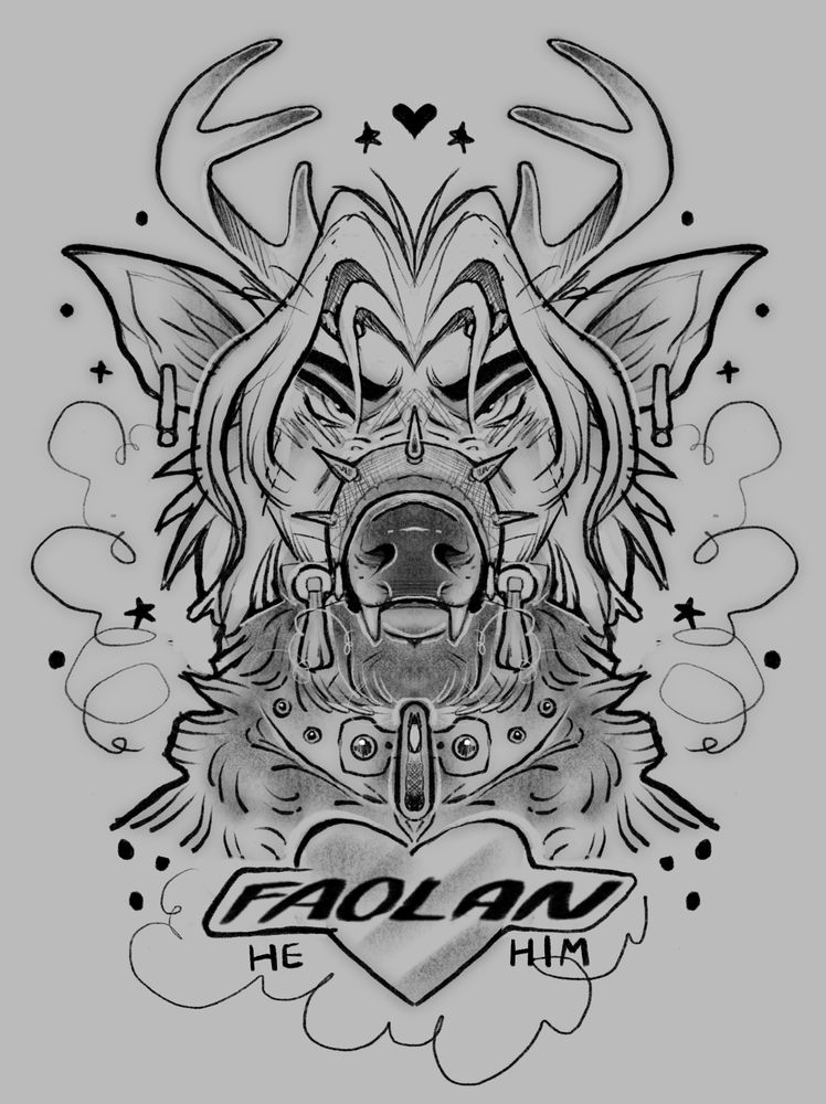 Sketchy symmetrical collar badge featuring a deer/wolf hybrid character wearing a spiked muzzle and studded collar with a decorative heart tag that reads: foalan. Stars and smoke surround him.