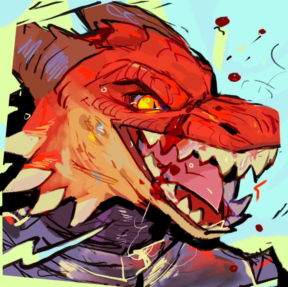 Digital illustration of an armored, snarling, battle worn Kobold directly after receiving a strike that would scar him for years to come. Blood, tears, and dirt fly around him as what I could only imagine as a cyclone of pain and anger overcomes him. 

This was a super fun icon! I love learning about the characters people bring to me and bringing certain parts of their story to life. In this case, I asked about the scar the character had! We went from there!  

