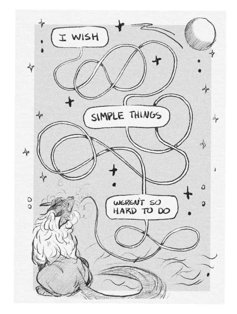 Digital sketch of one of my sonas sitting and looking up at the moon and stars, speech bubbles are tangled and intertwined, reading: “I wish- simple things- weren’t so hard to do” 