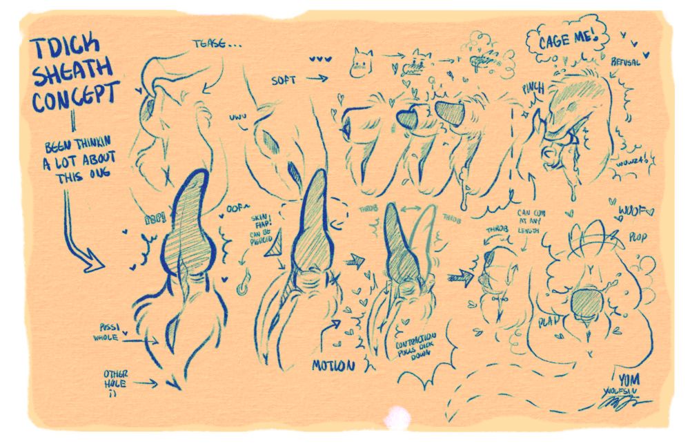 sketchy concept sheet showing an idea for a sheathed t-dick and different ways it can move/grow/be used. 