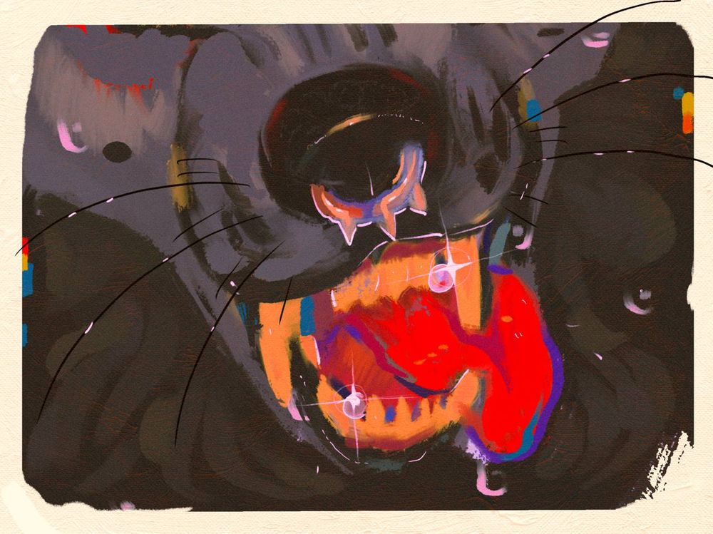 experimental wind down digital painting of a canine mouth with two, glinting pearls wedged between their teeth. Lots of focus on color, value, and vibes…