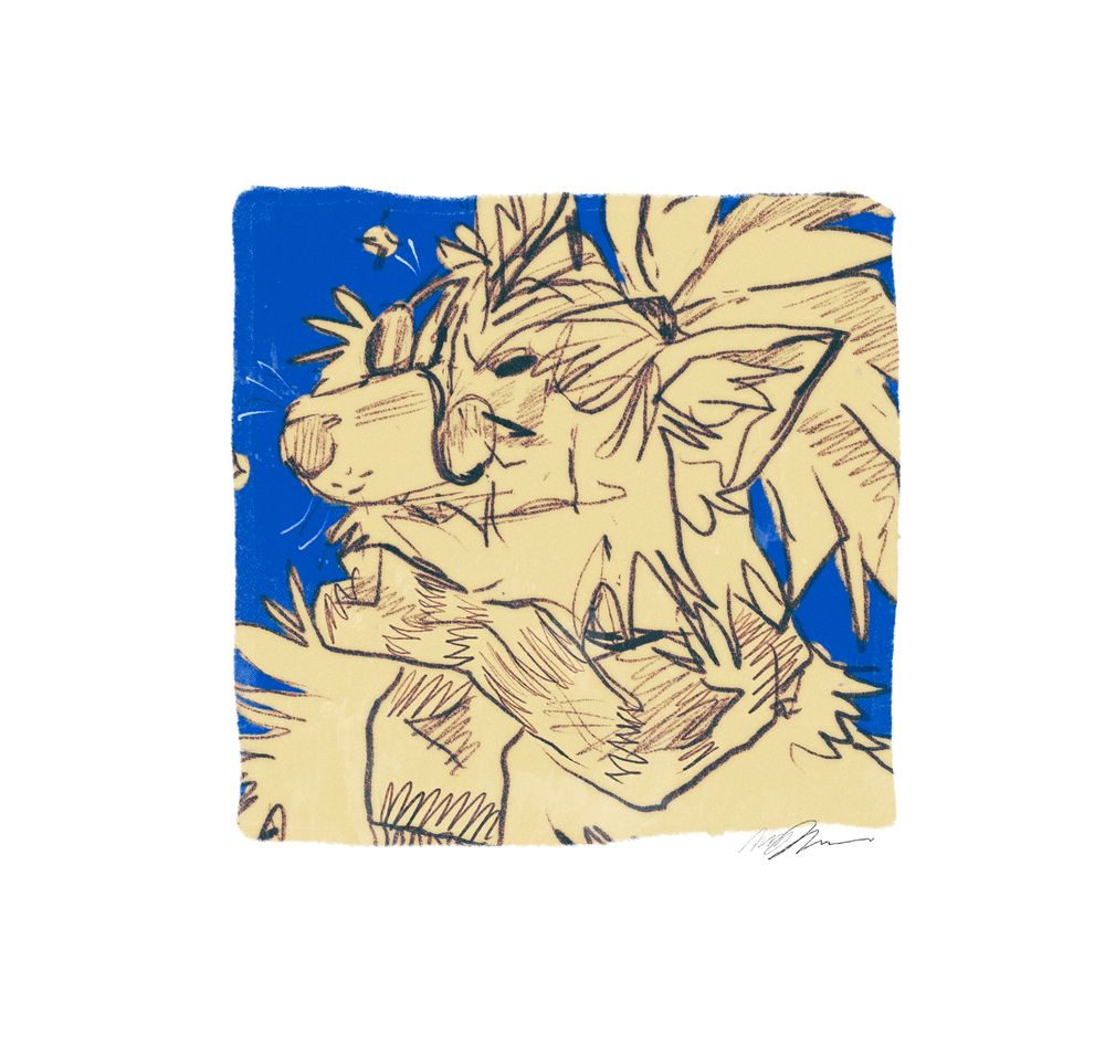 Digital sketch icon of a ninetails looking off to the side, peeking over his glasses. His hair is tied up in a bun and a striped scarf drapes loosely around his neck 
