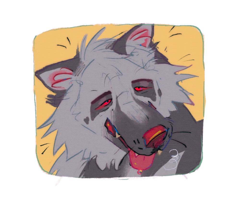 Completed digital sketch icon of a large grey canine oc looking content and happy, hanging its tongue out chillin 