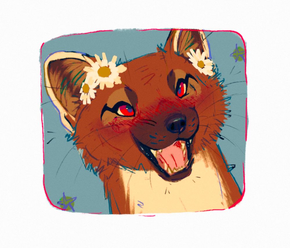 Digital sketchy icon of a smiling pine marten with daises on her head