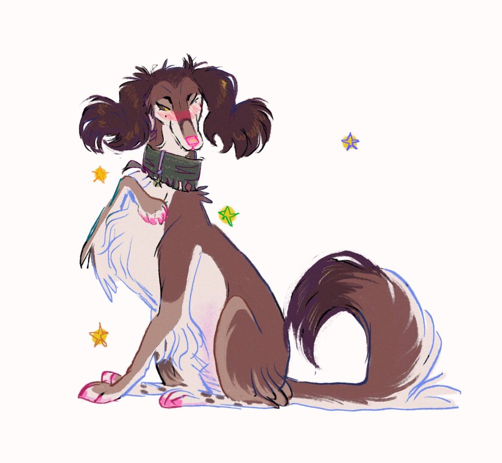 Digital doodle comm of a Saluki with pink nails and a green collar sitting with her paw to her chest, flattered and blushing