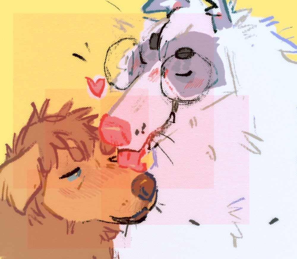 sketchy digital piece of my wolfdog sona lovingly licking the tired snout of my partners golden retriever mix through layers of textured pink squares 