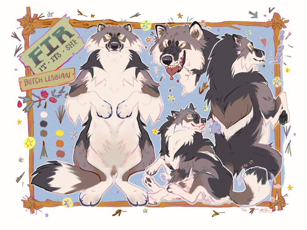 A custom wolf reference with a tied, branch border- pine cones, pine needles, leaves, and stars decorate the space around the frame and the negative space in between the bigger illustrations.

From right to left: Wood plank style signs that read, “FIR it/its/she, butch lesbian” above the color swatch. Then a symmetrical fullbody showing the full front design.

Next a snarky snarling headshot with a slobbery tongue out, and below a fullbody quad sitting and wagging its tail.

Lastly the back view!