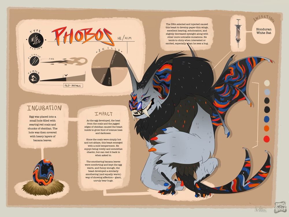 TYPE: FLYING
PHOBOS - HE/HIM
SKILL: Fire Breath
TEMPERAMENT: mild - irritable 

DNA INJECTION:
Honduran White Bat

INCUBATION (clients input):
Egg was placed into a small hole filled with searing red coals and chunks of obsidian. The hole was then covered with heavy layers of banana leaves.

IMPACT (of incubation):
As the egg developed, the heat from the coals and jagged edges of obsidian caused the beast inside to grow fond of intense heat and darkness.
Since the coals were simply hot and not ablaze, this beast emerged with a mild temperment. He enjoys being rowdy and somewhat chaotic, but can reel it back in when asked to.

The smothering banana leaves were comforting and kept the egg warm, and funny enough, the beast developed a similarly smothering (and equally warm) way of showing affection- giant,
unruly bear hugs.

IMPACT (of DNA):
The DNA selected and injected caused this beast to develop paper-thin wings, excellent hearing, echolocation, and slightly decreased eyesight along with other more noticable mutations. He tends to chirp when interested or excited, especially when he sees a bug.