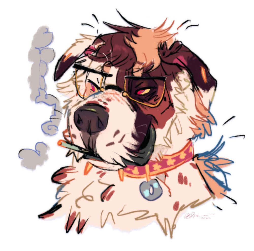 completed digital colored sketch headshot of a scruffy, speckled Saint Bernard wearing a starry collar, glasses, and smoking a blunt.