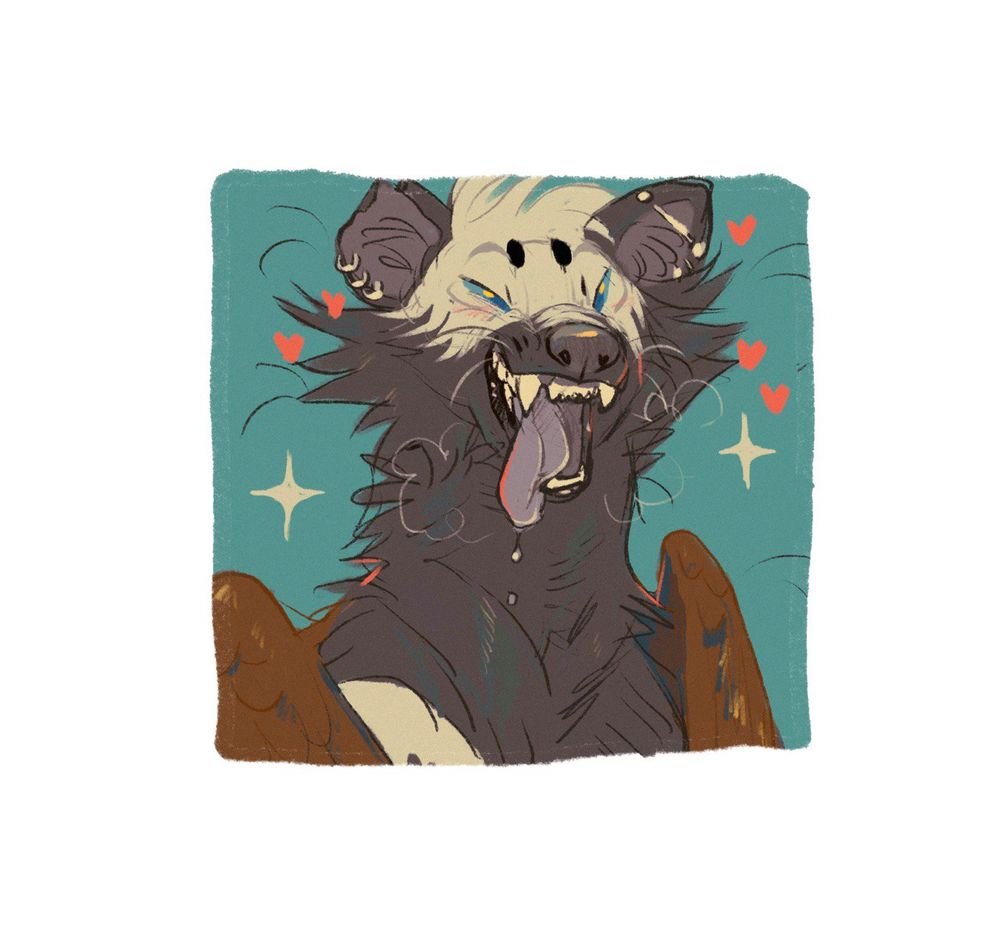Digital icon of a grey wolf with brown wings and white patch that takes up most of its face sitting and happily open-mouth panting, little starbursts and hearts float around their head 