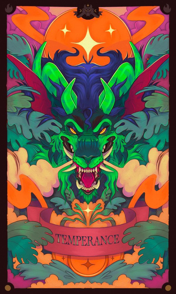 painted digital illustration of a custom, decorative tarot commission. Features a horned dragon-like beast huffing smoke through its teeth as it peers through thick leaves. Below the beast is a banner with the text “TEMPERANCE,” overlapping golden circles and starbursts that mirror the clouds and stars at the top. One of my more recent tarot card commissions! 