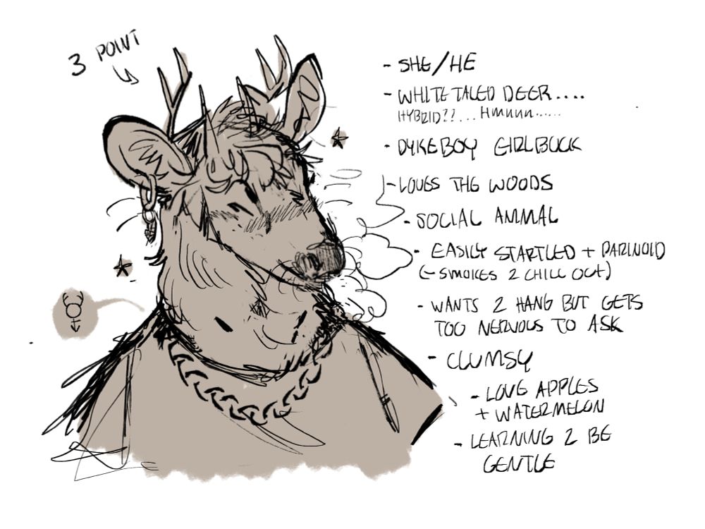 Concept page for a queer butch deer I’ve been thinking about. 

Shows a sketchy bust of her wearing a t shirt gender symbol earring and chain with tussled hair and three point antlers 

Notes read: 

- she/he
-white-tailed deer … hybrid??? Hmmmm
- dykeboy girlbuck
- loves the woods
- social animal
- easily startled and paranoid 
  (smokes to chill out) 
- wants to hang but gets too nervous to ask
- clumsy
- loves apples and watermelon
- learning to be gentle 