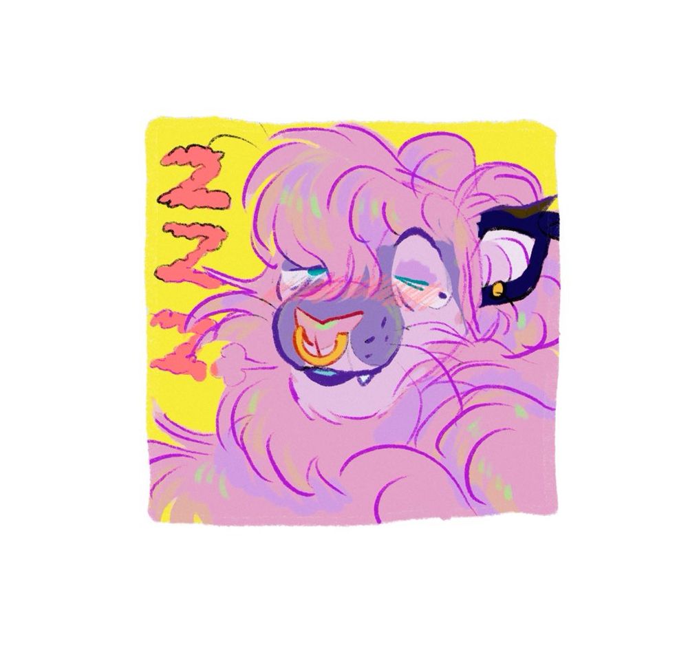 Digital icon of a sleepy, pierced pink lion with puffy cloud “z’s” floating beside them