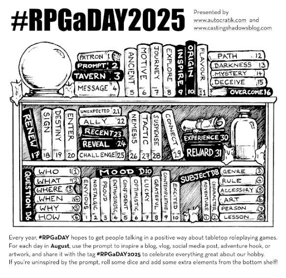 A graphic for #RPGaDay2025 presented by www.autocratik.com and www.castingshadowsblog.com