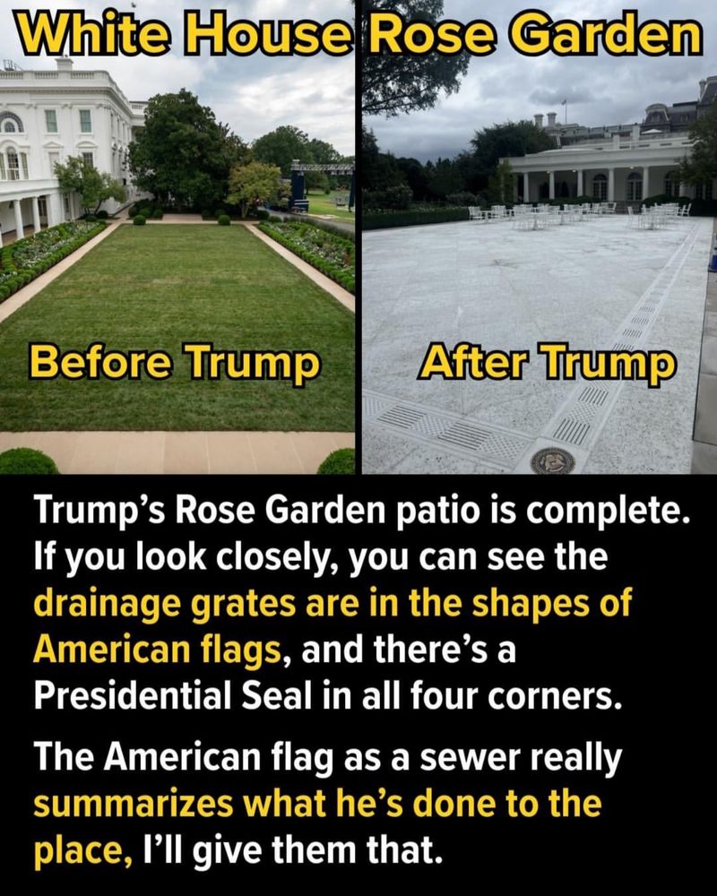 White House Rose Garden
Before Trump
After Trump
Trump's Rose Garden patio is complete.
If you look closely, you can see the drainage grates are in the shapes of American flags, and there's a Presidential Seal in all four corners.
The American flag as a sewer really summarizes what he's done to the place, I'll give them that.