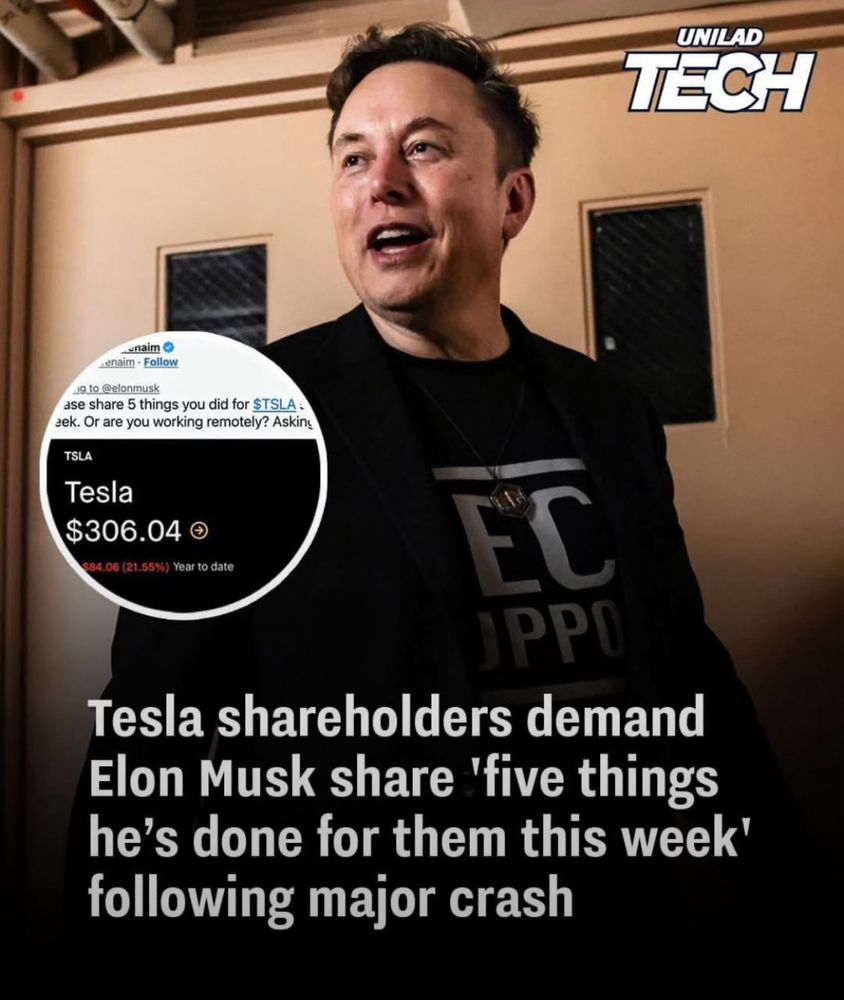 
enaim - Follow
19.t0 @elonmusk
ase share 5 things you did for STSLA : zek. Or are you working remotely? Asking
TSLA
Tesla
$306.04
$84.06 (21.55%) Year to date
EC
JPPO
Tesla shareholders demand Elon Musk share 'five things he's done for them this week' following major crash