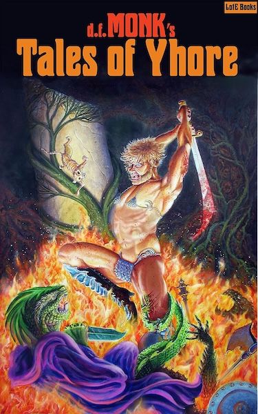Book cover for d.f.Monk's Tales of Yhore. Mighty warrior in a chainmail bikini outfit fighting evil serpent people. It makes a lot more sense in the context of the book. You should read it.