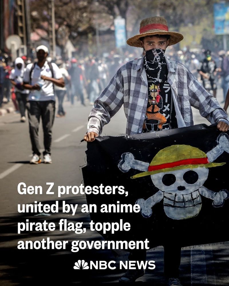 Gen Z protesters united by an anime pirate flag, topple another government.