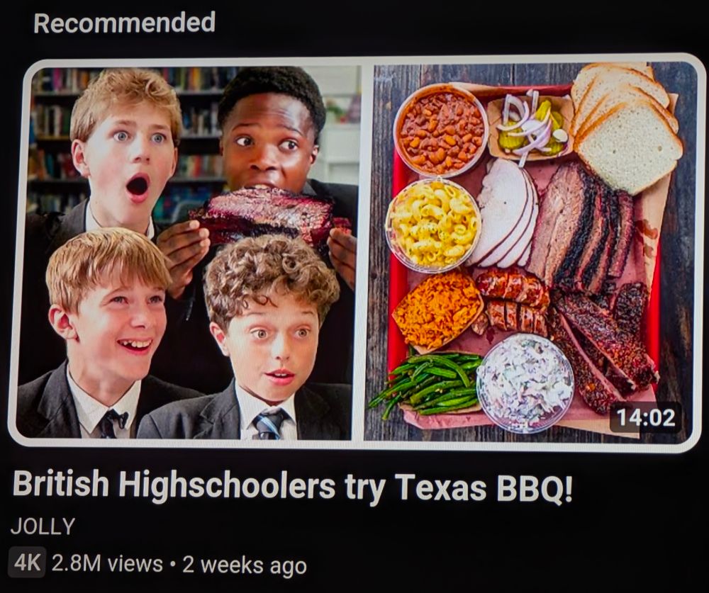 Screenshot of YouTube thumbnail that says British Highschoolers try Texas BBQ