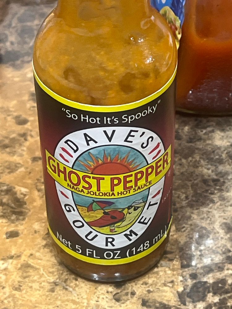 A bottle of Dave’s Gourmet ghost pepper (naga jolokia) hot sauce. 