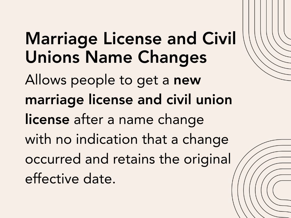 Marriage License and Civil Unions Name Changes: Allows people to get a new marriage license and civil union license after a name change with no indication that a change occurred and retains the original effective date.