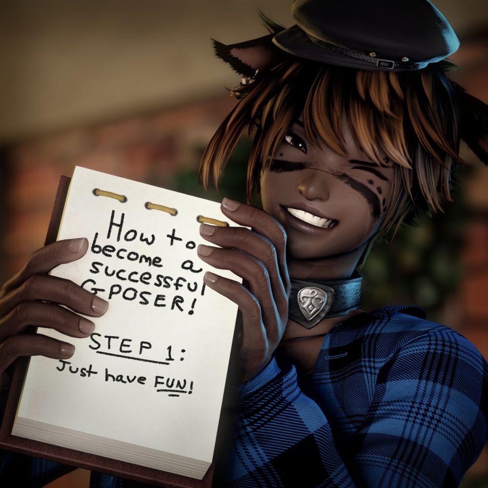 A closeup of Catte, with a big toothy grin and looking at the viewer, holding a notepad up that reads "How to become a successful GPOSER! STEP 1: Just have FUN!"
