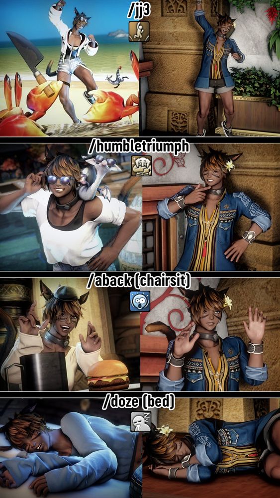 Various examples of previous gposes, paired with a shot of the in-game emote used as the base to each pose.