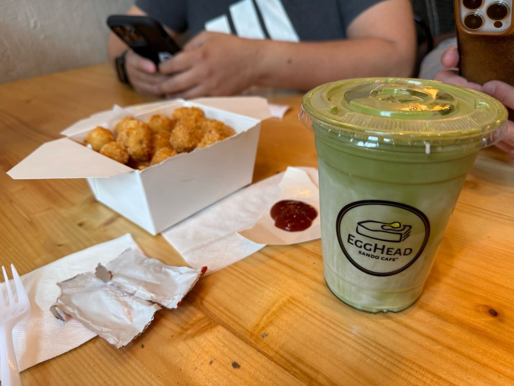 Tater tots and iced matcha latte from EggHead in Northern California.
