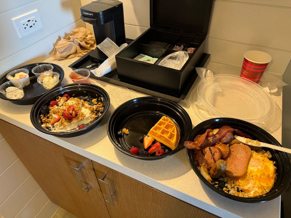 Fruit Parfait, Mochi Waffle with Fruit, and a big Hawaiian breakfast