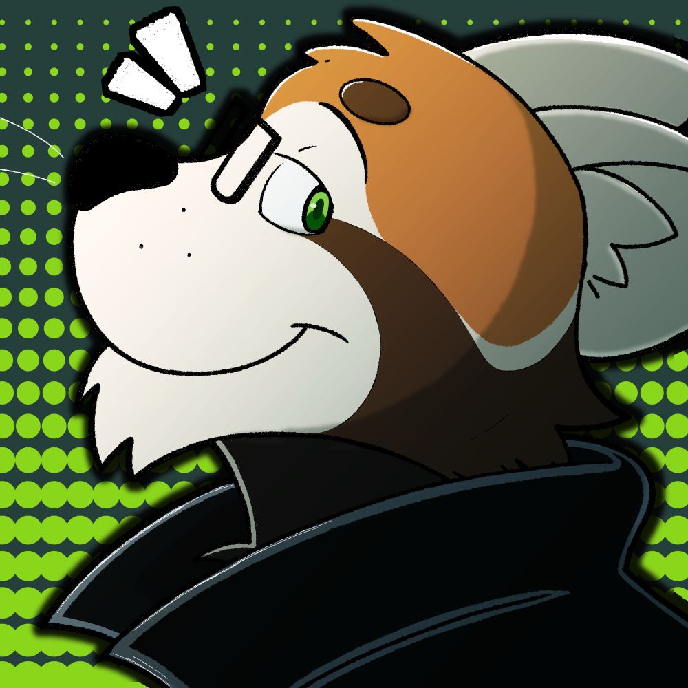 Left-facing Red panda looks towards you with mischief in their eyes. They are wearing a black biker-like jacket and may be thinking about crimes.