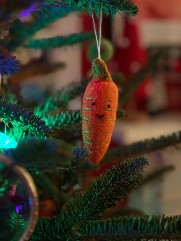 a smiling orange carrot ornament close up on a fraser fir branch. 