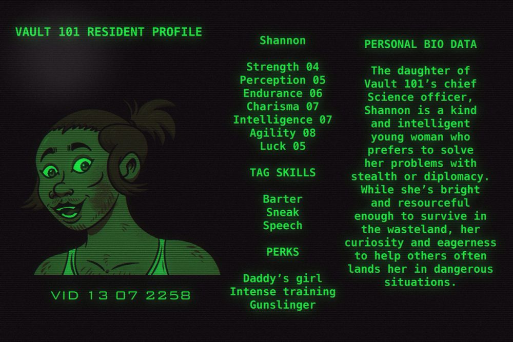 An illustrated character sheet for a Fallout 3 original character named Shannon, styled like a vintage monochrome computer readout. She has high charisma, intelligence, and agility, and her tag skills are barter, sneak, and speech.