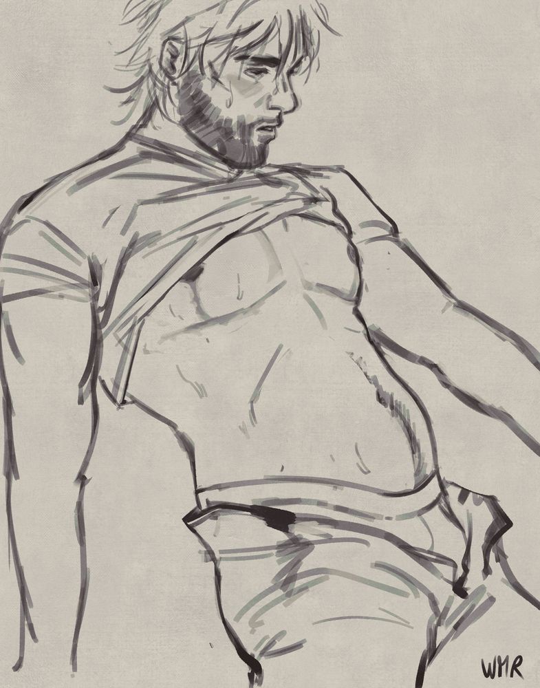 digital sketch of s2 jayce talis. the sketch is a reference from a photograph circulating on x/twitter with a man with his shirt pulled up above his pecs and his pants open to reveal his boxers. in this sketch jayce is trans since you can see the top surgery scars 