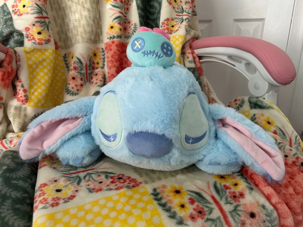 pastel stitch plush sleeping with scrump on his head