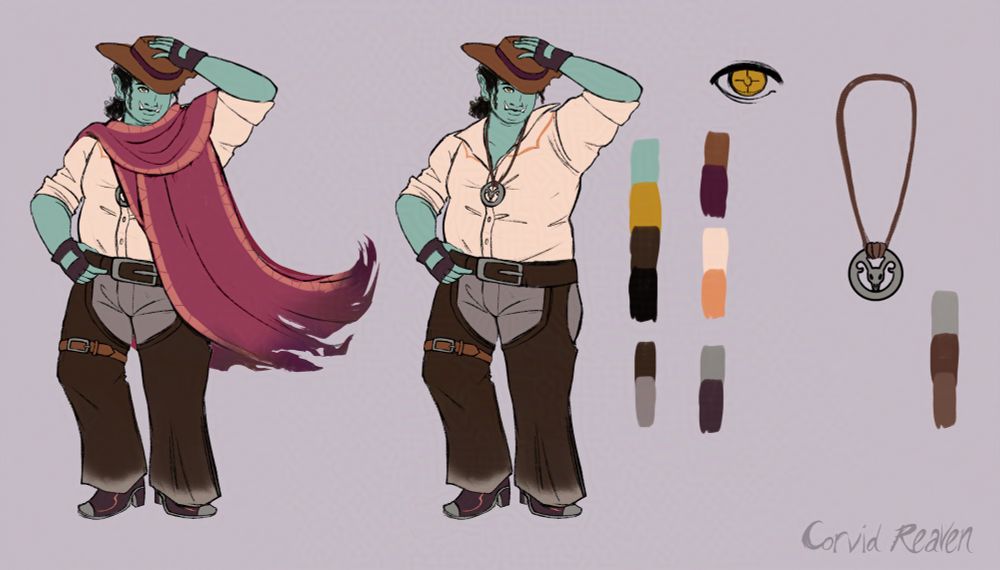 A character ref sheet for Nott Shayne Kid, a DnD half orc warlock cowboy OC

Left: two versions of Nott (one with his cloak and another without it)

Right: Nott’s color palette, his eye reference, and his amulet