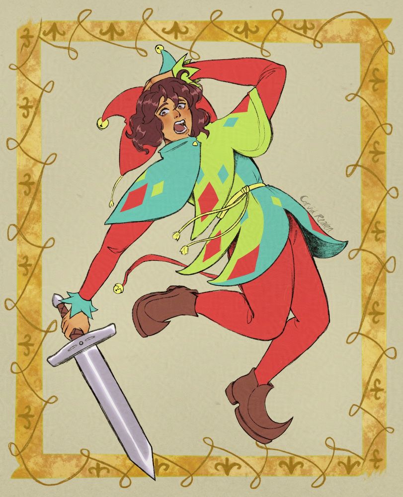 A full body portrait of Riri from the webcomic Jester Knight. She is falling over and carrying a sword in her right hand with a shocked expression. The background behind her is a border inspired by medieval illuminated manuscripts.
